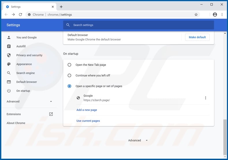 Removing s3arch.page from Google Chrome homepage