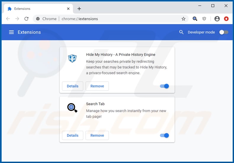 Removing hsearchtab.org related Google Chrome extensions