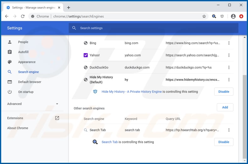 Removing hsearchtab.org from Google Chrome default search engine