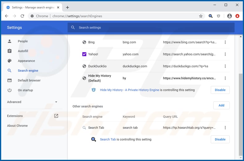 Removing hsearchtab.org from Google Chrome default search engine