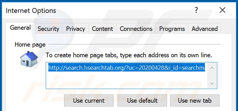 Removing hsearchtab.org from Internet Explorer homepage