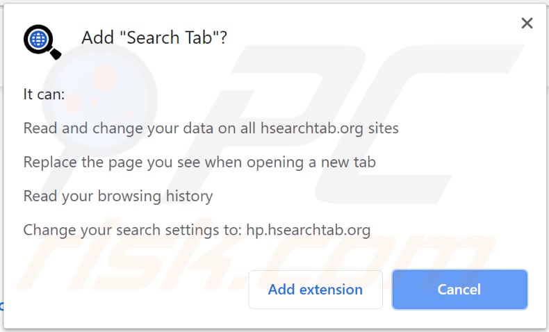 search tab browser hijacker asks for a permission to be installed