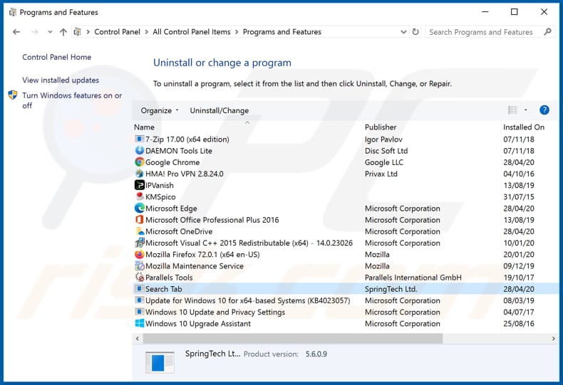 hsearchtab.org browser hijacker uninstall via Control Panel