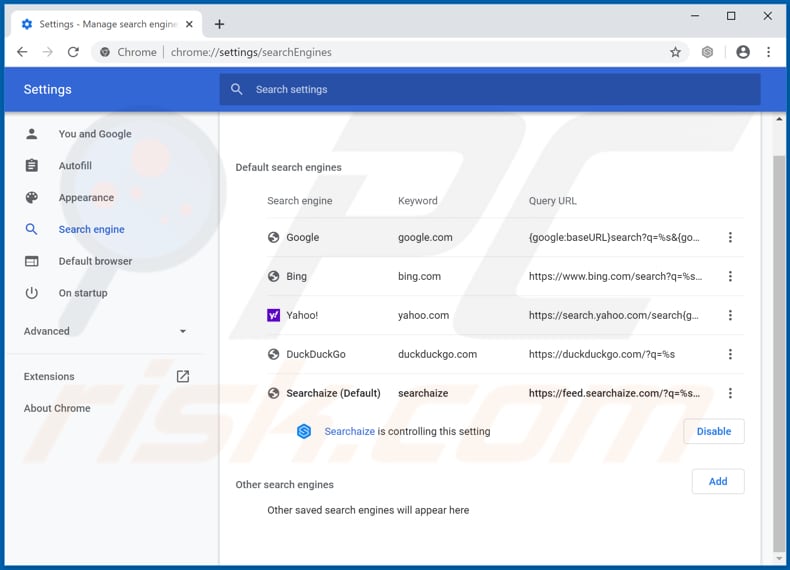 Removing searchaize.com from Google Chrome default search engine