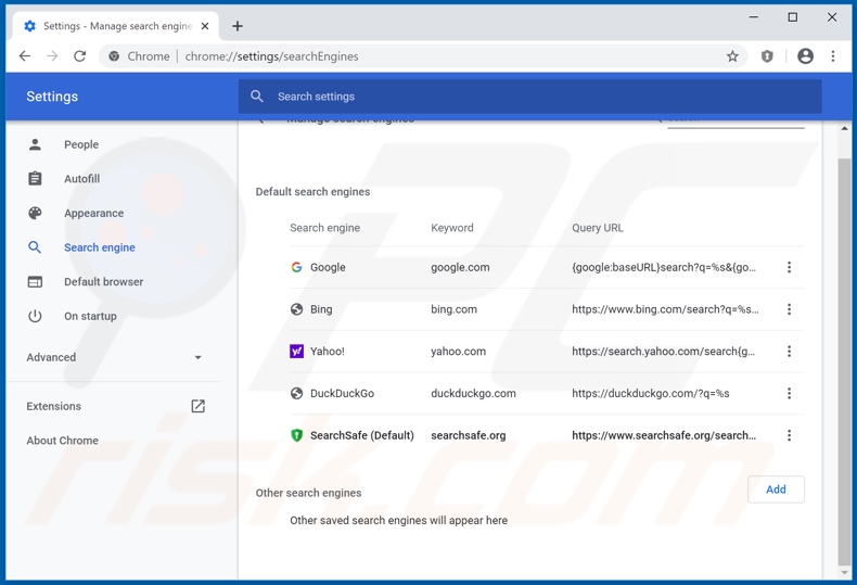 Removing searchsafe.org from Google Chrome default search engine