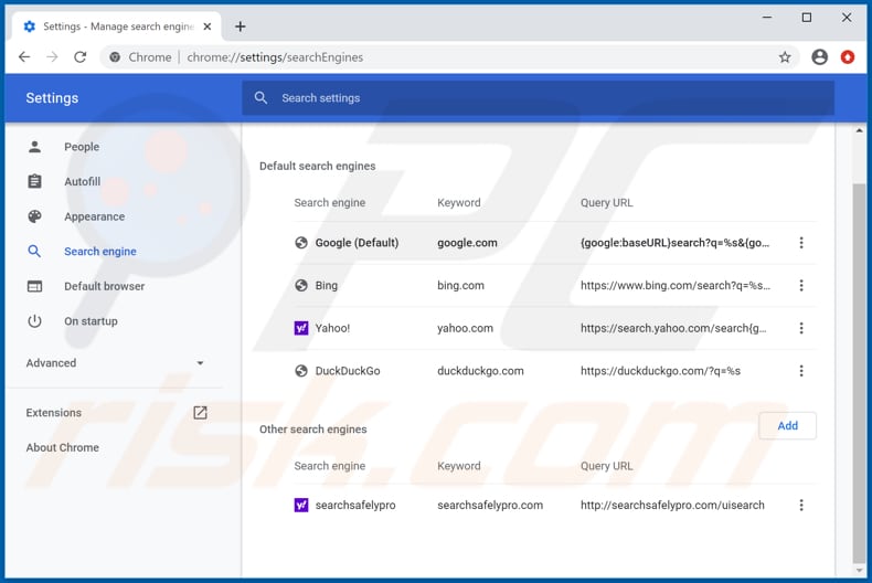 Removing searchsafelypro.com from Google Chrome default search engine