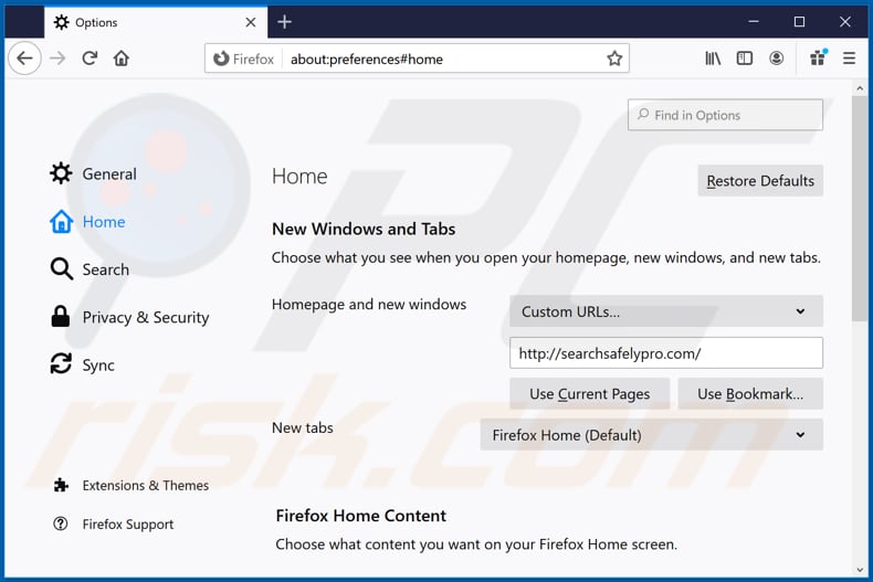 Removing searchsafelypro.com from Mozilla Firefox homepage