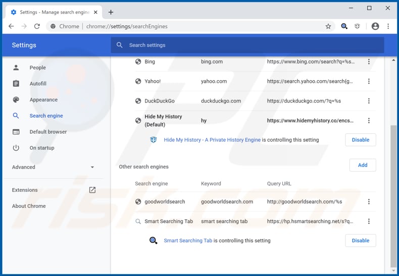 Removing hsmartsearching.net from Google Chrome default search engine