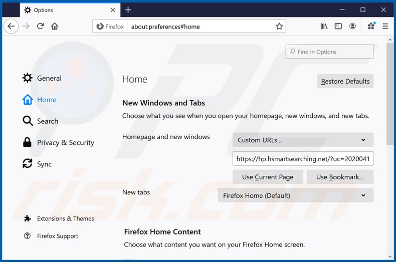Removing hsmartsearching.net from Mozilla Firefox homepage