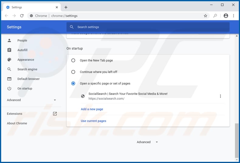 Removing socialsearch.com from Google Chrome homepage