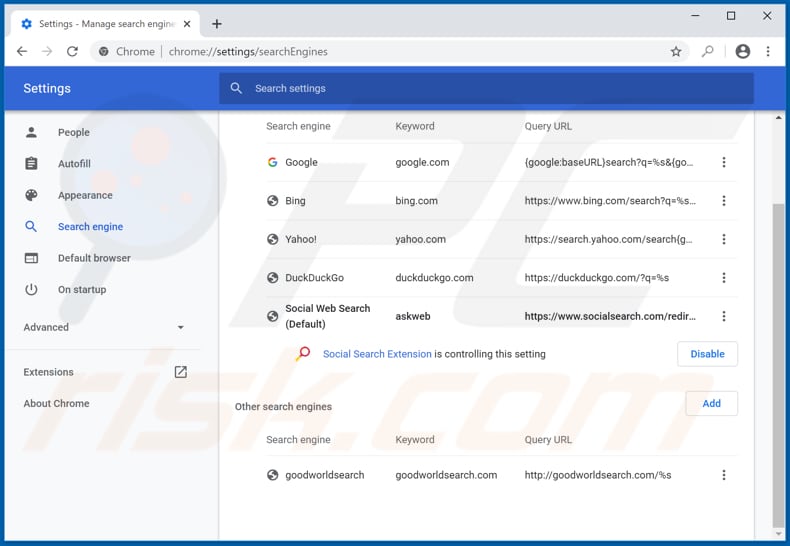 Removing socialsearch.com from Google Chrome default search engine