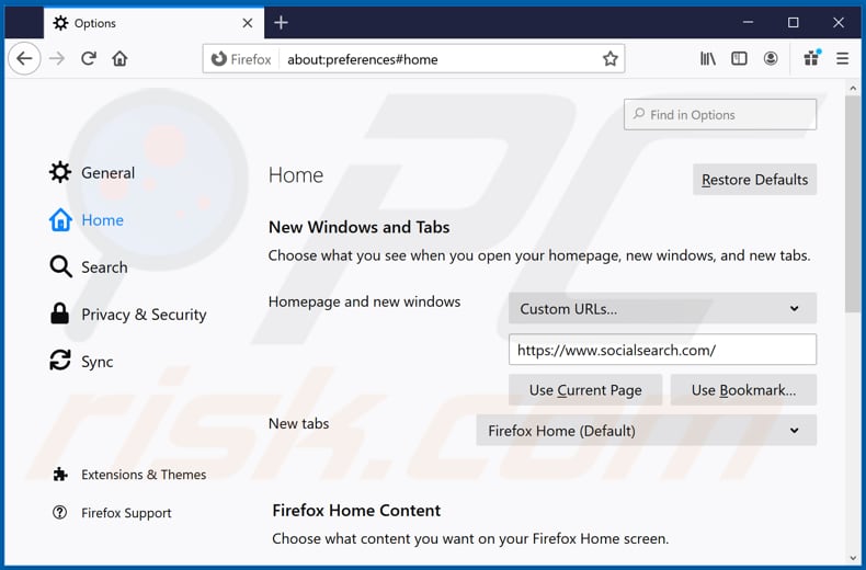 Removing socialsearch.com from Mozilla Firefox homepage