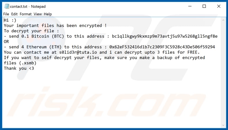 Solider ransomware text file (contact.txt)