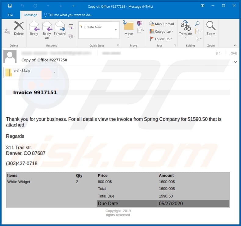 Spring Company invoice malware-spreading email spam campaign