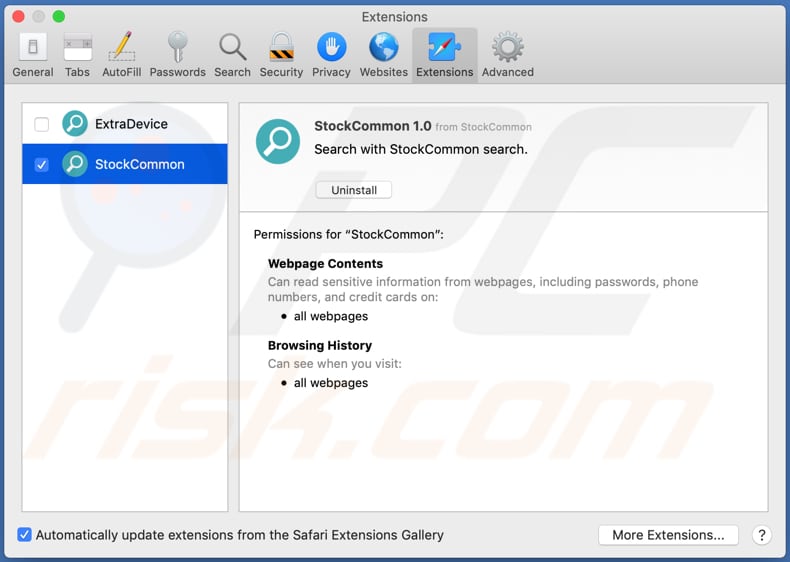 stockcommon adware installed on safari