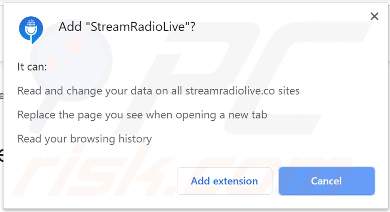 Stream Radio Live browser hijacker asking for permissions