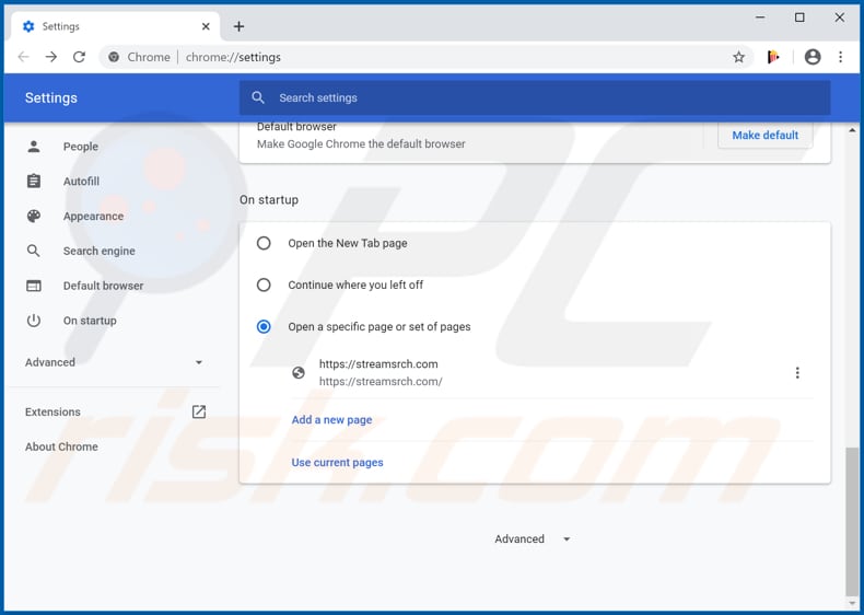 Removing streamsrch.com from Google Chrome homepage