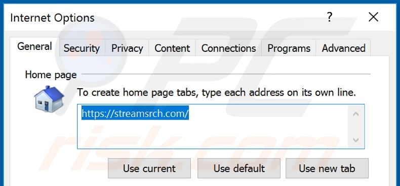 Removing streamsrch.com from Internet Explorer homepage