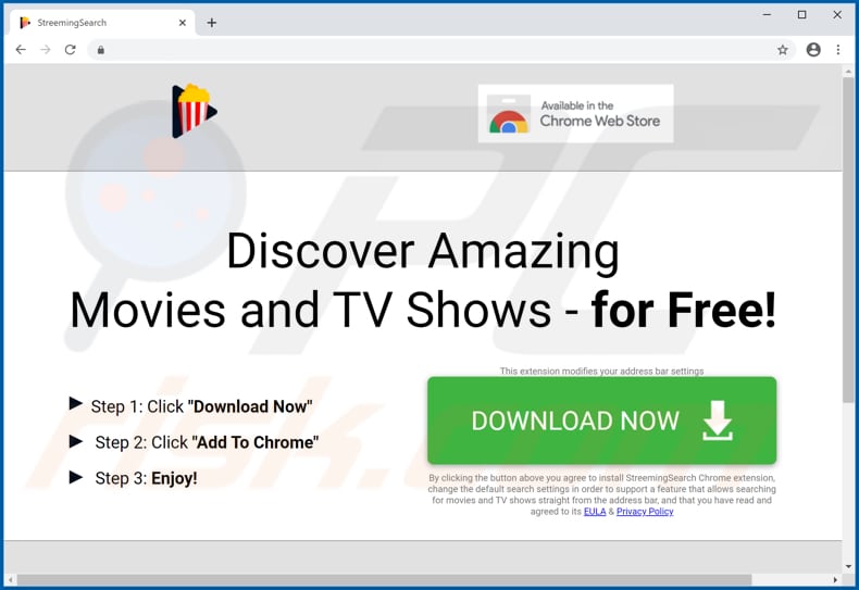 Website used to promote StreamingSearch browser hijacker