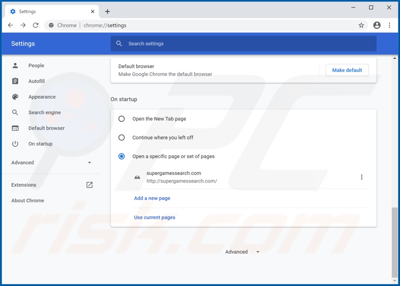 Removing supergamessearch.com from Google Chrome homepage