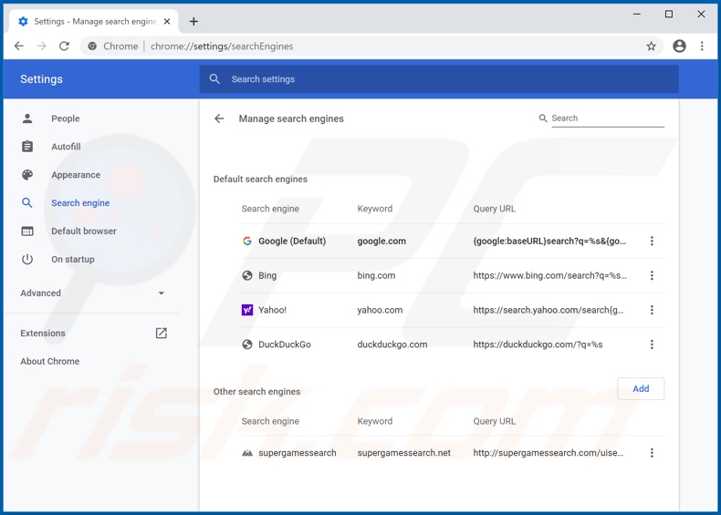 Removing supergamessearch.com from Google Chrome default search engine