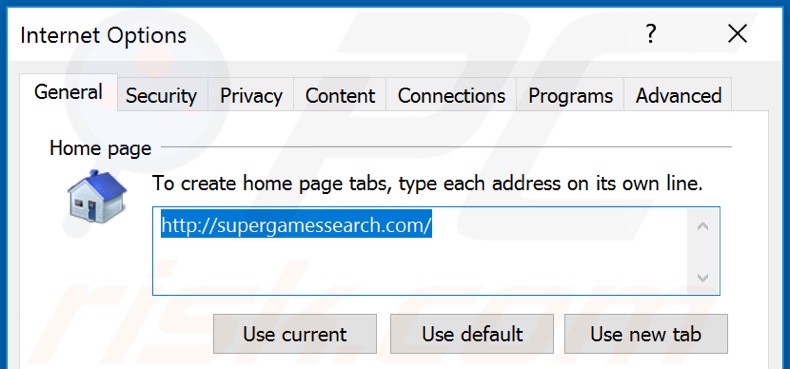 Removing supergamessearch.com from Internet Explorer homepage