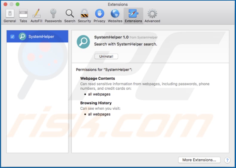 systemhelper adware safari extension