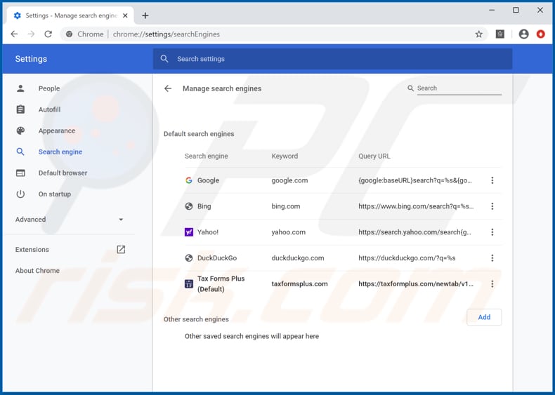 Removing taxformplus.com from Google Chrome default search engine