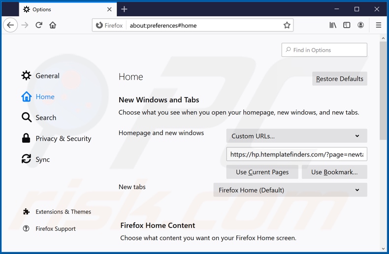 Removing htemplatefinders.com from Mozilla Firefox homepage