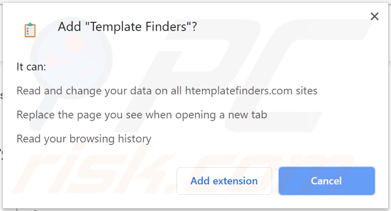 Template Finders browser hijacker asking for permissions