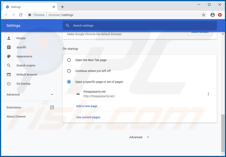 Removing theappsparty.net from Google Chrome homepage