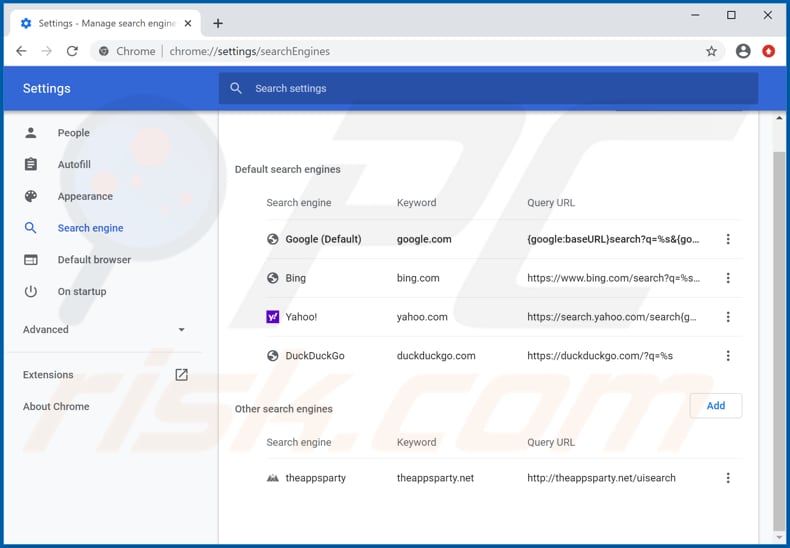 Removing theappsparty.net from Google Chrome default search engine