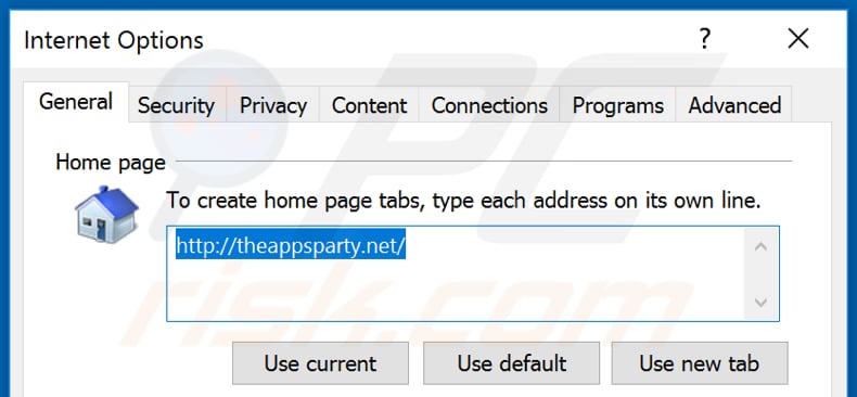 Removing theappsparty.net from Internet Explorer homepage