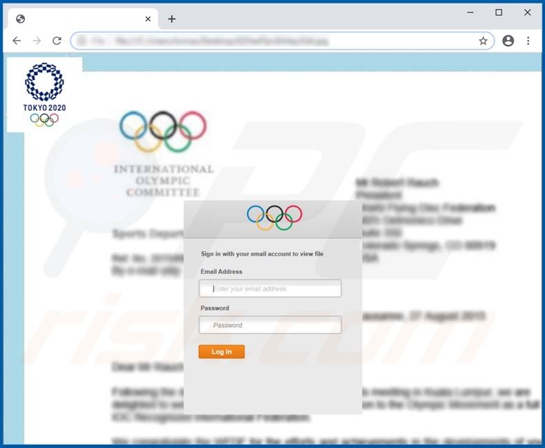 Phishing website promoted by the second variant of Tokyo Olympics 2020 scam email