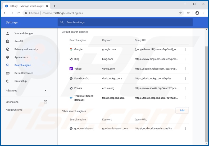 Removing tracknetspeed.com from Google Chrome default search engine