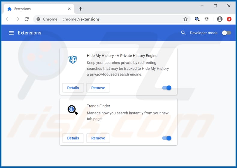 Removing htrendsfinder.net related Google Chrome extensions