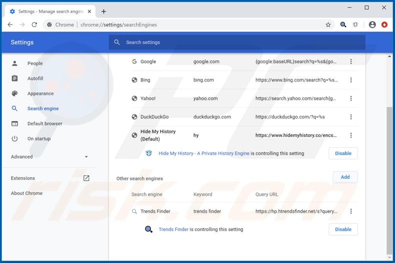 Removing htrendsfinder.net from Google Chrome default search engine