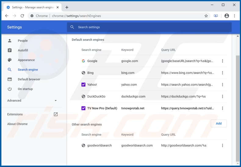 Removing tvnowprotab.net from Google Chrome default search engine