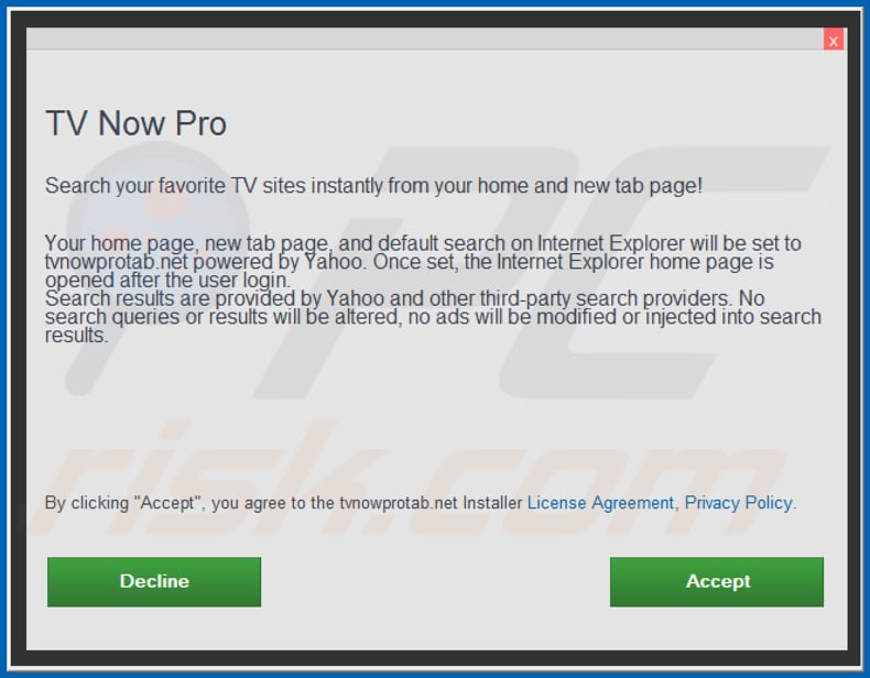 Official TV Now Pro browser hijacker installation setup