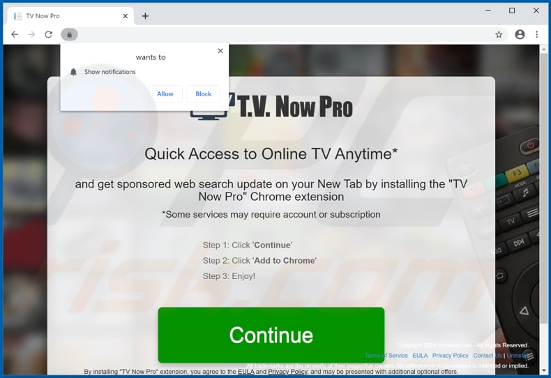 Website used to promote TV Now Pro browser hijacker