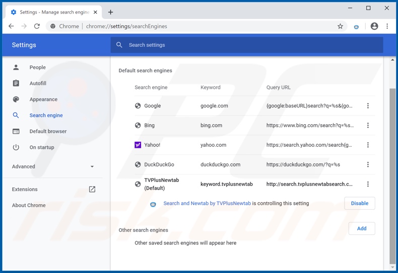 Removing search.tvplusnewtabsearch.com from Google Chrome default search engine