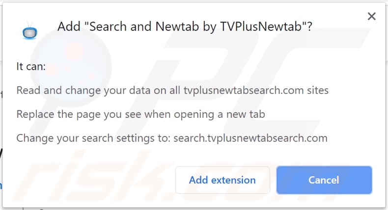 TVPlusNewtab browser hijacker asking for permissions on Chrome