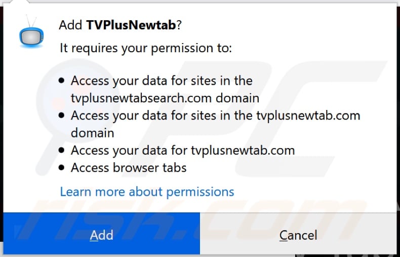 TVPlusNewtab browser hijacker asking for permissions on Firefox