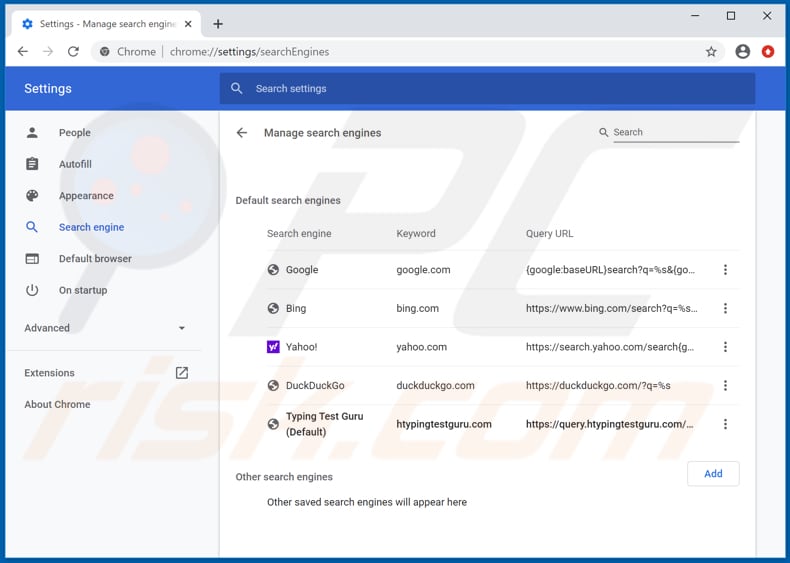 Removing htypingtestguru.com from Google Chrome default search engine