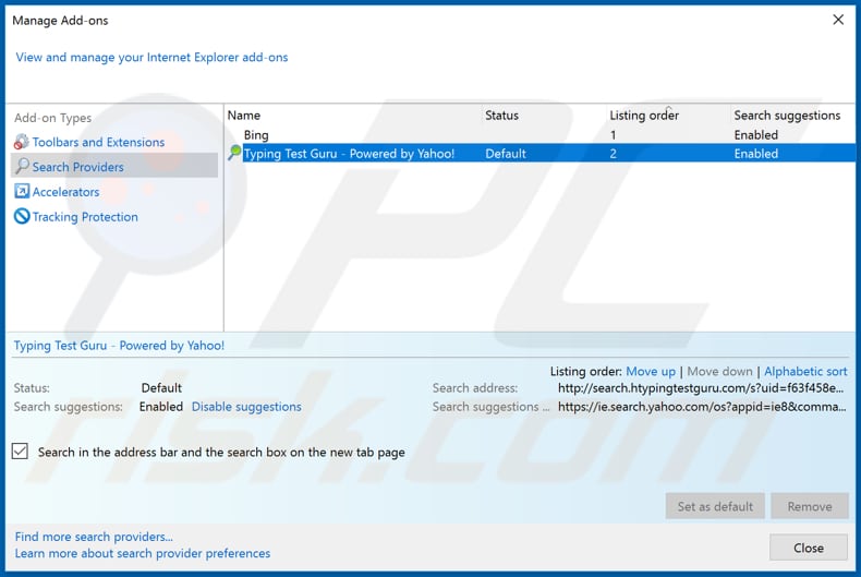 Removing htypingtestguru.com from Internet Explorer default search engine