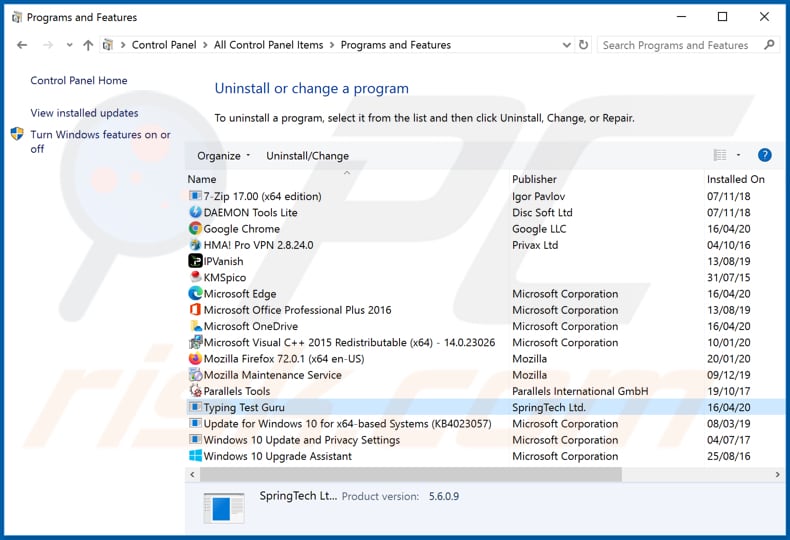 htypingtestguru.com browser hijacker uninstall via Control Panel