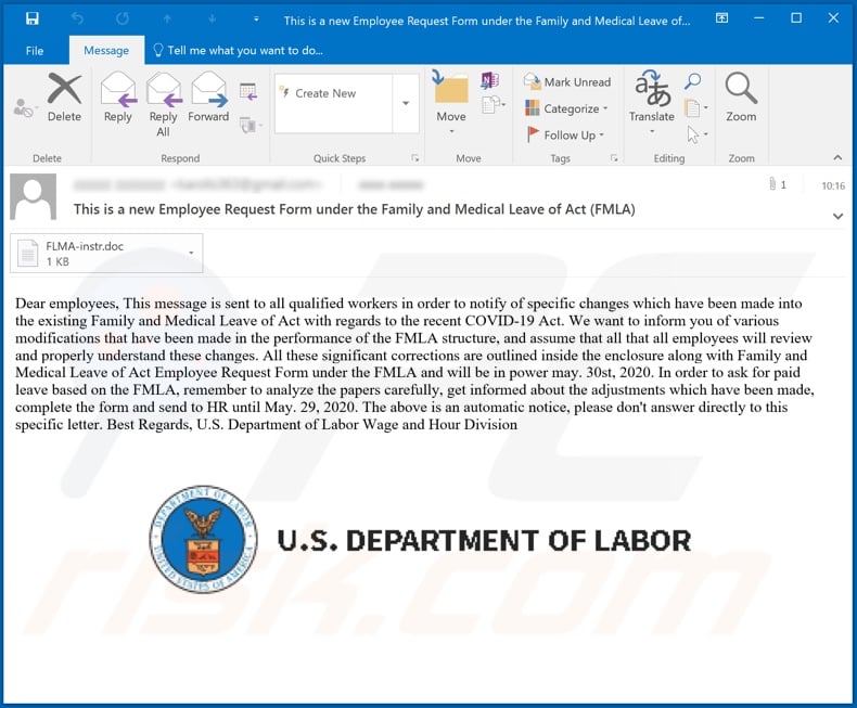 U.S Department of Labor malware-spreading email spam campaign