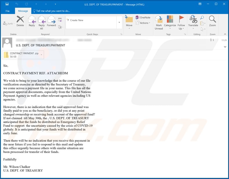 U.S. Department of Treasury Email Virus malware-spreading email spam campaign