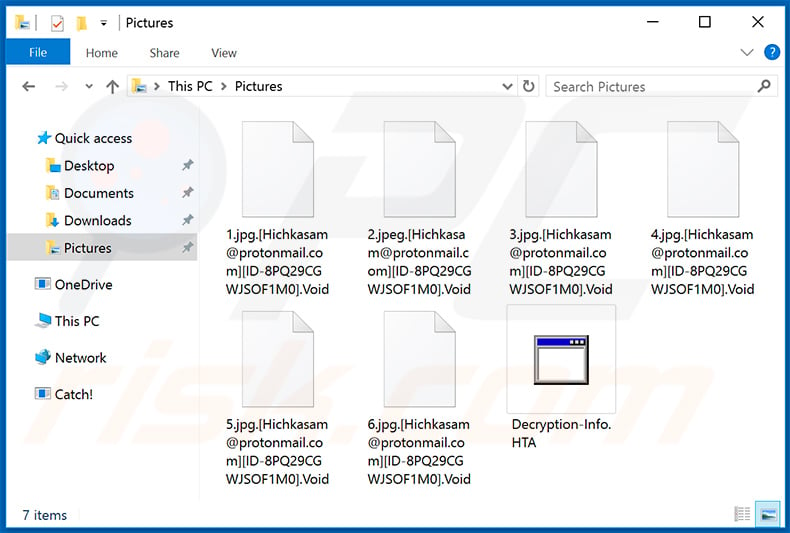 Files encrypted by the updated Void ransomware (.[Hichkasam@protonmail.com][ID-victim_ID].Void extension)