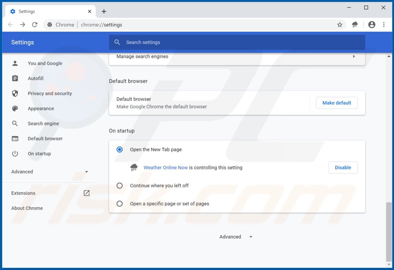 Removing weatheronlinenow.com from Google Chrome homepage